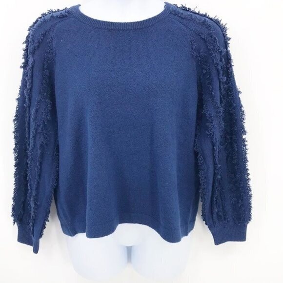 1.STATE Fringe-sleeve Crewneck Sweater In Blue Size L New - Picture 1 of 7